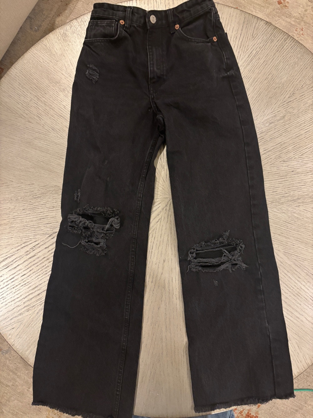 Zara Women’s Black Wide Leg Jeans with Distressed Knees and